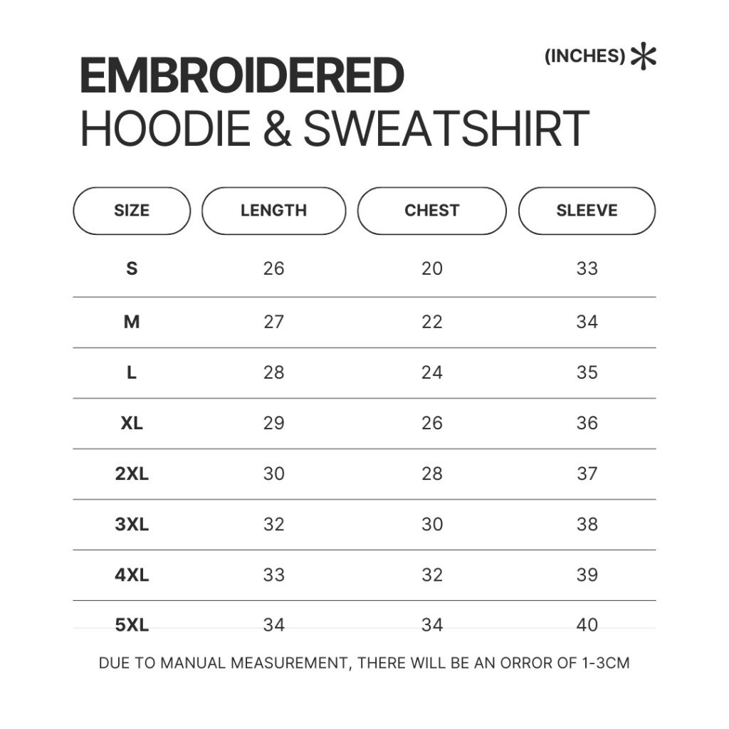 Embroidered Hoodie Sweatshirt Size Chart - French Bulldog Gifts UK