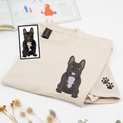 French Bulldog Vintage Embroidered Custom Image T-shirt